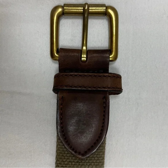 J Crew Woven Webbed Elastic Leather Belt with Square Buckle Made in USA Khaki - Picture 5 of 7